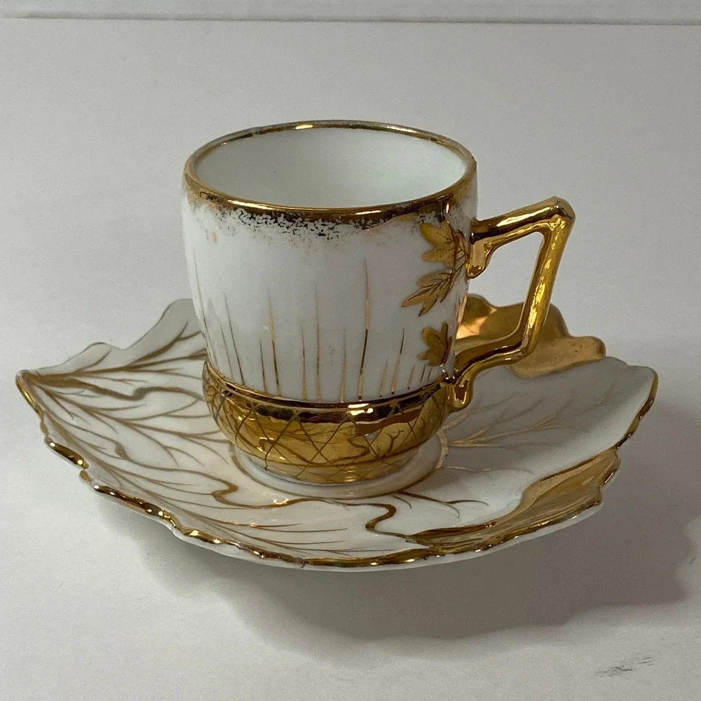 Vintage Gilt Porcelain Demitasse Cup Saucer Set Gold Leaf Scalloped Espresso Tea